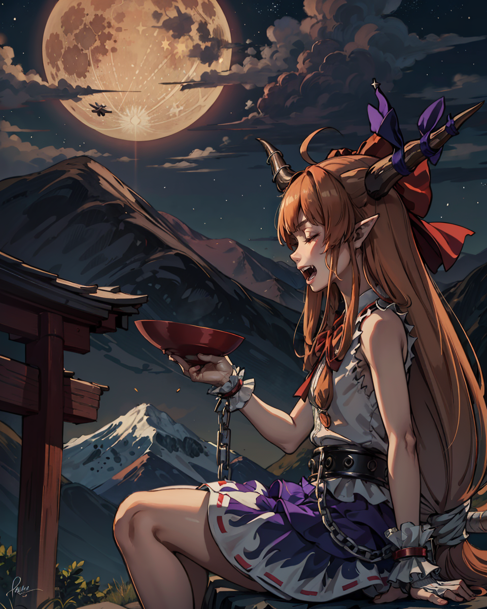 04161-1873057211-masterpiece, best quality, _lora_suika_1_,1girl, long hair, solo, horns, ibuki suika, skirt, chain, bow, moon, torii, hair bow,.png